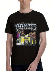 Men's Homies Cartoon Graphic T-Shirt - Comfy Cotton Crew Neck, Short Sleeve, All-Season Casual Wear, Black With Colorful Print, Machine Washable - 黑色 - 查看 1