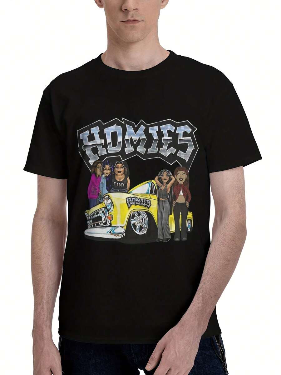 Men's Homies Cartoon Graphic T-Shirt - Comfy Cotton Crew Neck, Short Sleeve, All-Season Casual Wear, Black With Colorful Print, Machine Washable - 黑色 - 查看 1