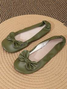 Sepatu Balet Wanita Lembut, Nyaman, Bersol Tipis dengan Pita, Model Slip-On, Dapat Dilipat, Sepatu Serbaguna untuk Dalam Ruangan/Pesta, Gaya Warna Cerah Baru untuk Semua Musim - Olive Green - View 5