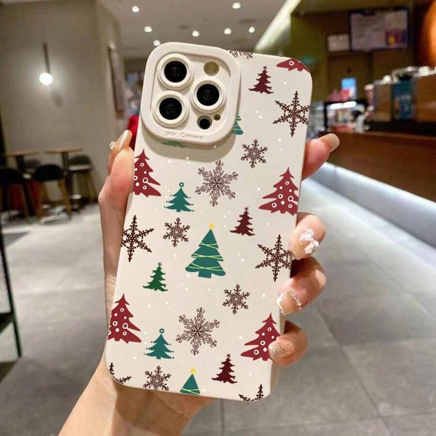 卡通聖誕樹與雪人手機殼,相容 iPhone 18 Pro Max 17 16 15 Plus 14 13 12 11 Pro Max 14 Plus,防震摺疊紋理軟殼,曲面紋理手機殼 - 白色-A2A-T6209 - 查看 1