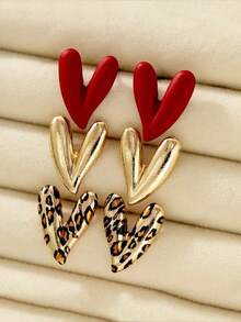 3 pares de pendientes con estampado de leopardo y corazón rojo pintado, adecuados para uso diario, excelente regalo de Navidad - Multicolor - Ver 2