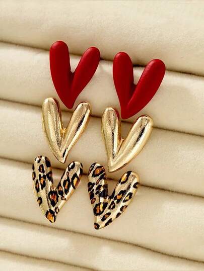 3 pares de pendientes con estampado de leopardo y corazón rojo pintado, adecuados para uso diario, excelente regalo de Navidad