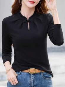Autumn/Winter New Women's Chinese Style Button Fleece Top, Retro Elegant Fitted Base Shirt - Black - View 2