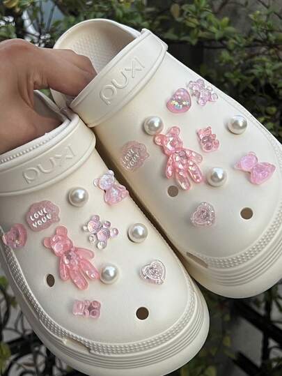 10/20 piezas Charms de zapato en forma de corazón rosa, perla y oso de peluche, accesorios DIY para zapatos, adecuados para zapatos de jardín, zuecos, sandalias, pantuflas, regalo perfecto de cumpleaños, disfraz de Halloween, regalo de fiesta de Navidad
