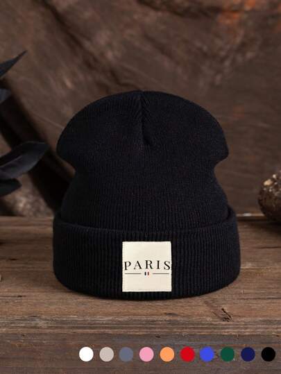 1 件男女通用巴黎刺绣贴片针织帽，情侣款户外运动滑雪露营街头服饰，秋冬秋季服装