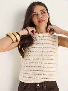 女款圓領鏤空基本款針織襯衫 20258009 - 奶油色 - 查看 4