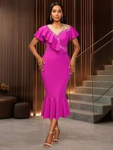 Women Pearl Beaded Ruffled Mermaid Party Dress Evening Bodycon Midi Dresses,Outfit For Date,Party,Wedding Dress,Bridesmaid Dress,Graduation Dress,Wedding Guest,Back To School