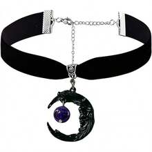 Black Velvet Moon Choker Necklace For Women Gothic Moon Crystal Pendant Necklace Vintage Crystal Cameo Choker Goth Jewelry Halloween Witch Costume Accessories - Tím-2 - Xem 7