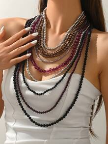 2pcs/Set Retro Bohemian Multi-Color Beaded Layered Necklace, Versatile Fashion Accessory For Women - Multicolor - View 3