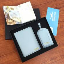 定制字母 1 套男女通用 Saffiano PU 皮革护照夹和行李牌礼盒套装，个性化烫印男士护照套和行李牌套装，带礼盒，旅行配件，女士定制字母旅行护照夹和行李牌 - 黑色 - 查看 3