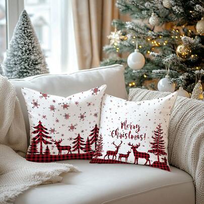 2pcs Christmas Red Plaid Reindeer & Christmas Tree Print Cushion Cover, Soft Peach Velvet Fabric, 45*45/50*50/40*40CM Pillow Case For Indoor Decor, Party, Gift