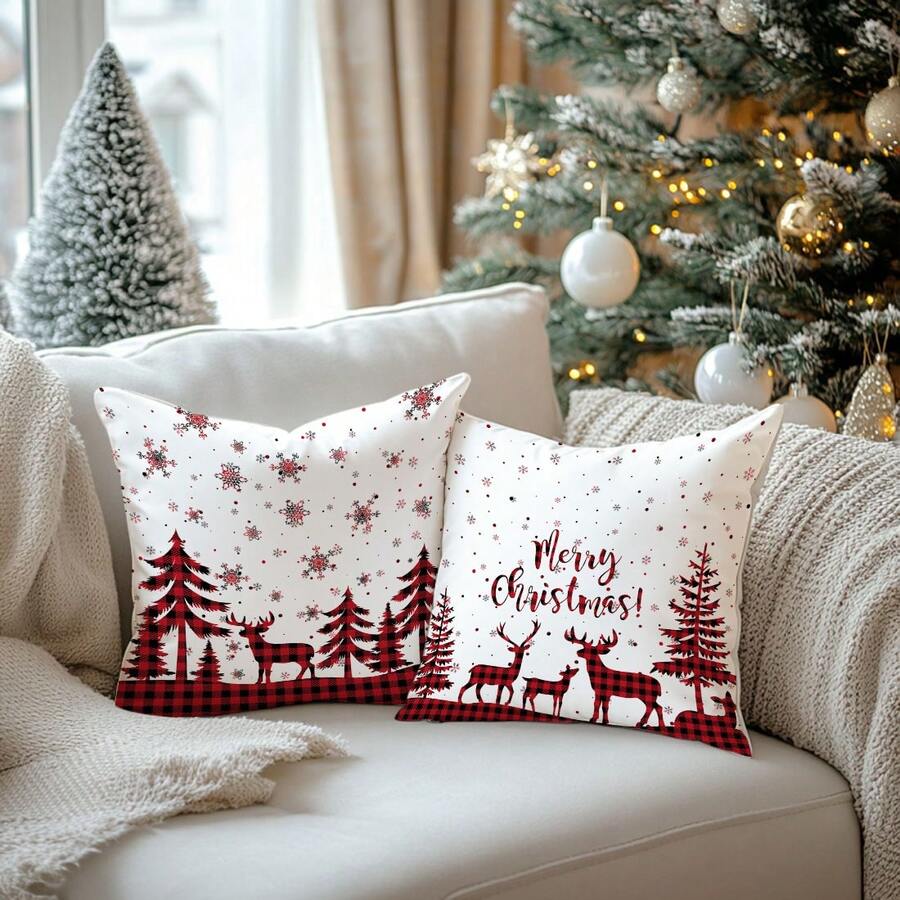 2pcs Christmas Red Plaid Reindeer & Christmas Tree Print Cushion Cover, Soft Peach Velvet Fabric, 45*45/50*50/40*40CM Pillow Case For Indoor Decor, Party, Gift