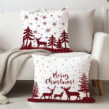 2pcs Christmas Red Plaid Reindeer & Christmas Tree Print Cushion Cover, Soft Peach Velvet Fabric, 45*45/50*50/40*40CM Pillow Case For Indoor Decor, Party, Gift
