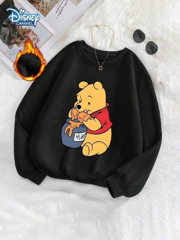 Disney EILL, Co-Branded Autumn And Winter Thermal Lined "Winnie The Pooh" Fun Cartoon Print Japanese Sweatshirt, Korean Comfortable Retro Fashion Commuting All-Match Y2k Clothing Women's Clothing, Regular Classic Small Round Neck, Black Long-Sleeved Women's Round Neck Sweatshirt