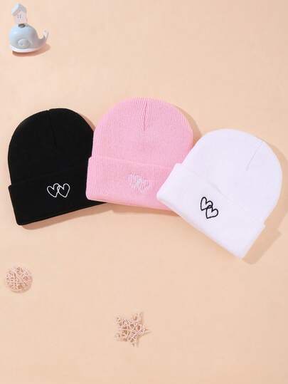 3 Piecesfashionable Combination Of Children's Solid-Color Autumn And Winter Warm Knitted Caps Features A Heart-Shaped Embroidery Design That Can Be Hand-Washed And Worn In Daily Life. It Is Suitable For Children To Keep Warm And Play Outdoors