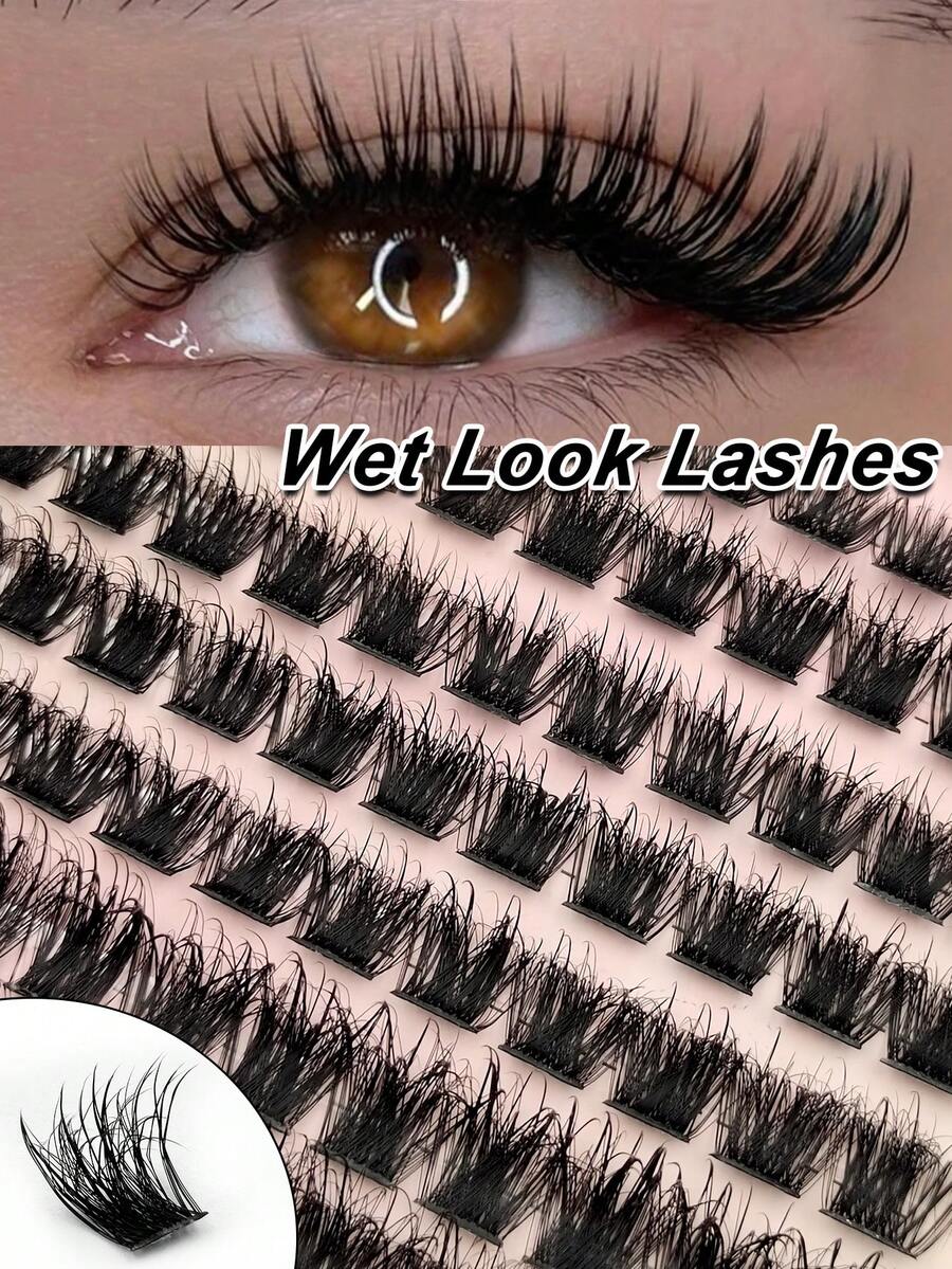 Rikuaild 96 Pcs Wet Look Lashes Extension Messy Charming Dramatic Look Lashes D Curl Thick Wispy Cluster Eyelashes Makeuplash Clusters,Eyelash Clusters,Individual Eyelashes,Lashes,Fake Lashes - D - 查看 1