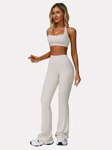 MFVIM 2 件套女式无袖露背吊带上衣和高腰喇叭裤健身服，夏季