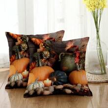2 piezas (solo funda de almohada, sin relleno) Fundas decorativas de almohada con estampado de leopardo y cuadros de estilo de pintura al óleo vintage con diseño de calabaza, de lino cuadrado, adecuadas para dormitorio, sofá, sala de estar, oficina, hotel, granja, decoración de fiestas, Acción de Gracias, Día del Trabajo