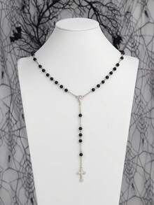 1pc Gothic Style Personalized Cross Beaded Necklace, Suitable For Women's Daily Or Party Wear, Halloween Accessory