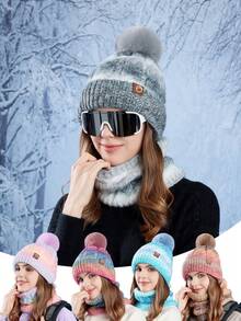 Women's Knitted Hat & Scarf 2 Pieces Set, Warm, Thick, Ombre Color, Fashion Versatile Beanie, Autumn/Winter Autumn Outfits Fluffy