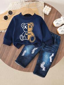 两件套男婴可爱小熊印花卫衣和牛仔印花裤套装，舒适 - 藏蓝色 - 查看 2