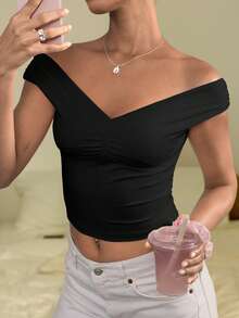 Mystra Damen einfarbiges minimalistisches V-Ausschnitt Off-Shoulder Top für den täglichen Gebrauch