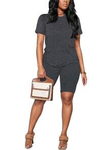 HBQ Women 2 Piece Outfits Summer Sweatsuits Track Suits Biker Short Workout Jogger Sets - S5--dark Grey - View 2