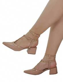 Women's Pumps Block Heel Shekinah Strap Studs Spike Carnation Fashion Simple Casual PVC Shiny Studded Party 2025 - 杏色 - 查看 8