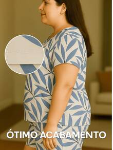 Plus Size Printed Long Sleeve Blouse + Shorts Set With Elastic Waist Perfect For Everyday GG Vete Is 50 - Nhiều màu - Xem 4