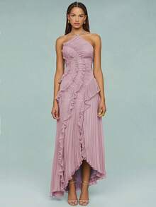 Awevudst Women Ruffle Hem Pleated Sheer Mesh Long Maxi Dress Sleeveless Halter Neck Irregular Tiered Flowy Long Maxi Dresses For Wedding Guest Summer Holiday Beachwear - Bụi hồng - Xem 3