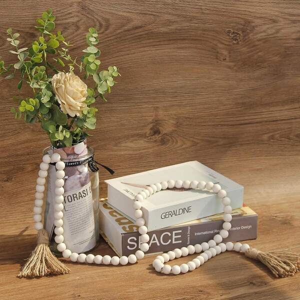 Guirnalda de cuentas de madera hechas a mano de 58 pulgadas con borlas: guirnalda de cuentas de madera rústica para decoración de pared para dormitorio, sala de estar, oficina en el hogar, decoración de dormitorio, decoración de mesa bohemia, decoración del hogar, decoración de boda rústica y bohemia, decoración esencial para despedida de soltera y fiesta, centro de mesa navideño, decoración de mesa de boda, decoración de fiesta de Navidad, decoraciones navideñas