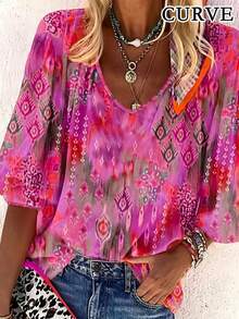 Plus Women's V-Neck Floral Print Loose Mid Sleeved T-Shirt Top Fall Clothes - Hot Pink - View 1