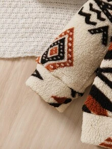 小男孩冬季时尚羊毛夹克，几何图腾印花长袖拉链保暖羊毛外套，适合休闲户外、公园漫步、派对、家庭聚会，引人注目