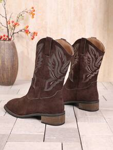 Women's Chunky Heel Suede Fabric Slip-On Embroidered Coffee Brown Western Boots, Low Heel Square Toe Mid-Calf Boots, Fashion Versatile Cowgirl Boots, New Autumn/Winter Short Shaft Cowboy Boots, Suede Fabric Western Style Boots - Coffee Brown - View 3