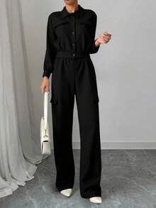 Set conjunto 2 piezas tejido ligero chamarra cierre botones cuello solapa pico manga larga puño dos solapas decorativas pretina cintura estilo bomber pantalón largo tipo jogger con elástico extremo dos solapas laterales cómodo fresco eleganate día noche fiesta evento jardín primavera verano día noche fiesta evento calle diario - Negro - Ver 1