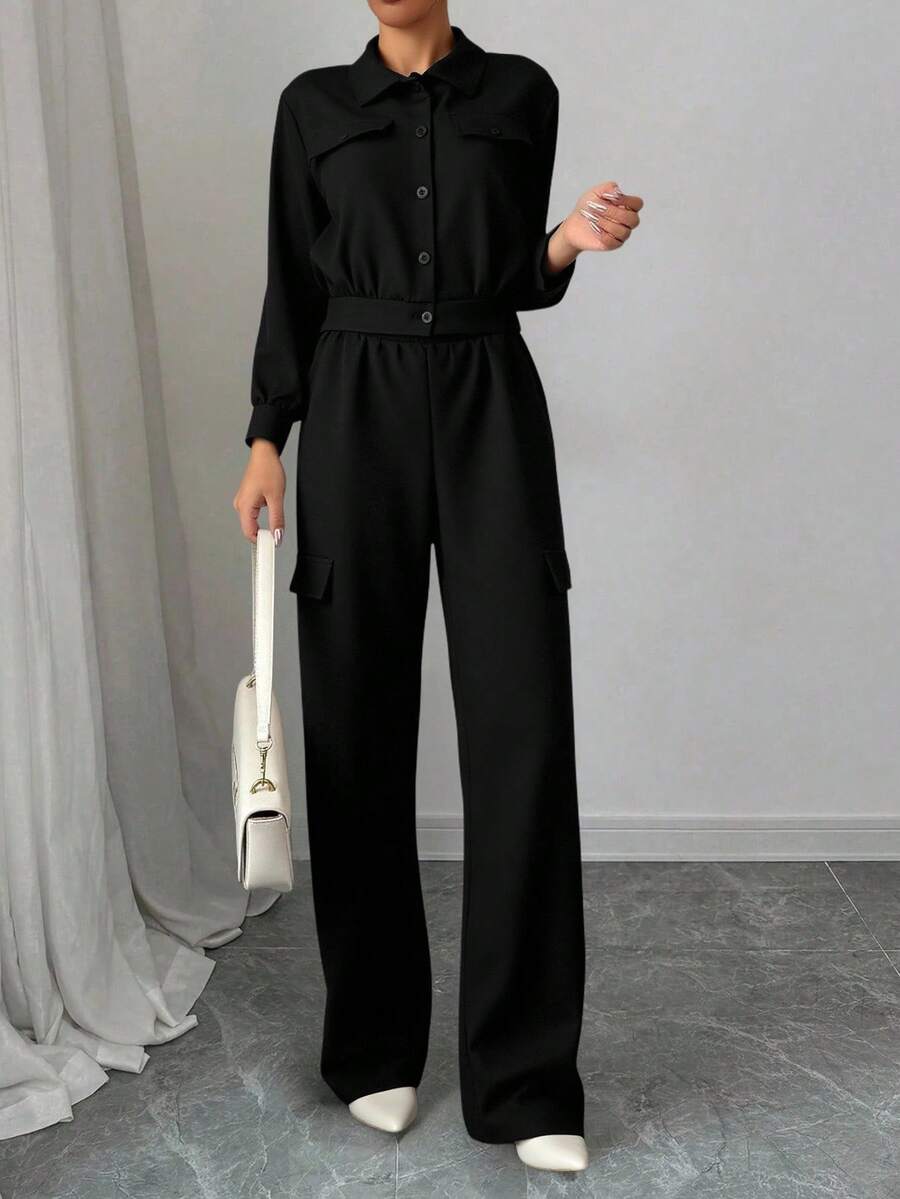 Set conjunto 2 piezas tejido ligero chamarra cierre botones cuello solapa pico manga larga puño dos solapas decorativas pretina cintura estilo bomber pantalón largo tipo jogger con elástico extremo dos solapas laterales cómodo fresco eleganate día noche fiesta evento jardín primavera verano día noche fiesta evento calle diario - Negro - Ver 1