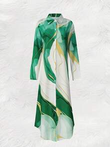 Loose Shirt Dress With Buttons Front, Casual Solid Color Split Hem Dress In Spring And Autumn, Shirt Dresses For Women - 深綠色 - 查看 3