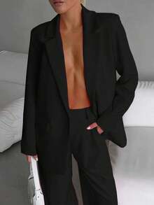 Elegant Business Casual Two-Piece Suit, Single Button Lapel Suit Jacket And Slim Fit Pants, Women's Clothing - màu đen - Xem 2