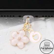 Dop de praf pentru port de încărcare telefon 2 în 1 cu sakura roz + 26 de litere, accesoriu rafinat cu pandantiv din aliaj, proaspăt, dulce și drăguț, decor pentru port de încărcare pentru smartphone, tabletă, căști Kindle, dop transparent anti-praf din silicon, potrivit ca un mic cadou, port de încărcare telefon impermeabil și anti-umezeală, compatibil cu iPhone Lightning/Type-C, protejează ferm portul de încărcare, design drăguț