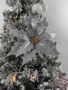 10 Stücke künstliche glitzernde Weihnachtsblumen mit Clips, extra groß, geeignet für Weihnachtsbaum Dekoration und Feiertags Deko