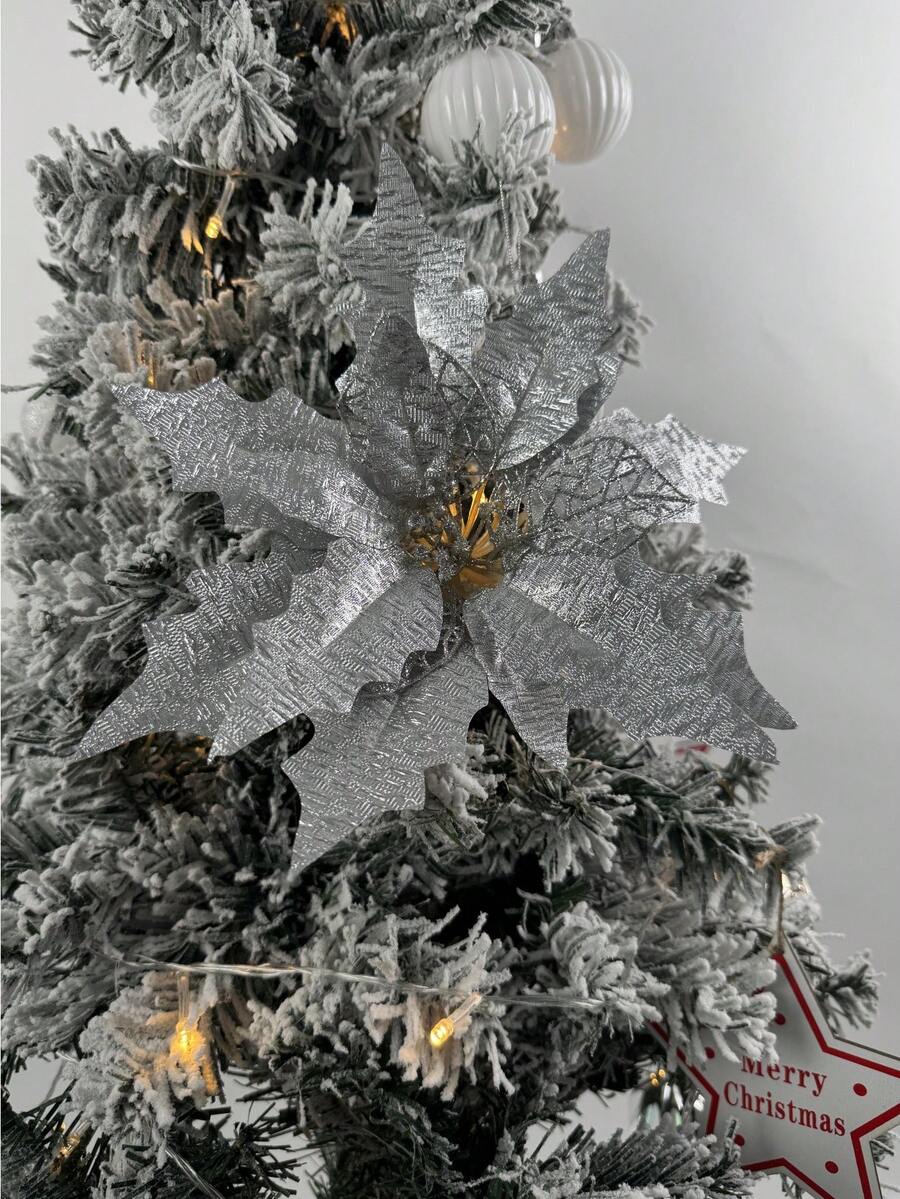 10 Stücke künstliche glitzernde Weihnachtsblumen mit Clips, extra groß, geeignet für Weihnachtsbaum Dekoration und Feiertags Deko
