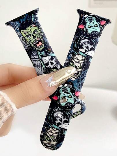 1 szt. Silikonowy pasek do zegarka z nadrukiem czaszki Halloween kompatybilny z paskiem do zegarka 38 mm 40 mm 41 mm 42 mm 44 mm 45 mm 49 mm (S10 42) mm (S10 46) mm, Modne miękkie silikonowe paski do zegarka sportowego kompatybilne z serią 11 Ultra3 Ultra 2 SE3 S10 SE2 9 8 7 SE 6 5 4 3 2 1, idealny prezent na Święto Dziękczynienia, Halloween, urodziny i nie tylko - unisex dla wszystkich grup wiekowych