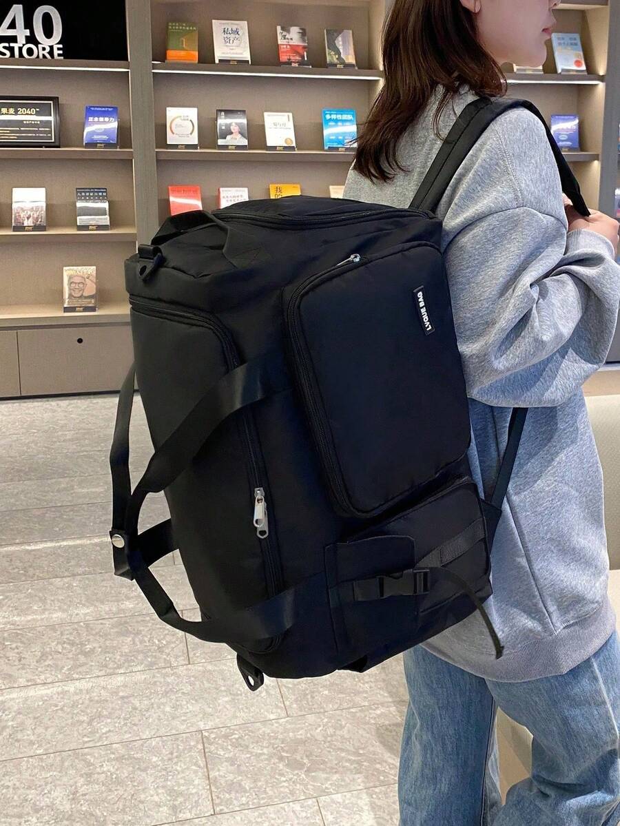 Women's Large-Capacity Travel Bag, Made Of Solid-Color Waterproof Oxford Fabric, Can Be Hung On A Suitcase, Equipped With A Backpack Design With An Adjustable Shoulder Strap, Multifunctional Sports Bag With Multiple Pockets, Suitable For Travel, Fitness, Back-To-School, Moving, And Business Trips (Pink/Black/Gray) - Black - View 1