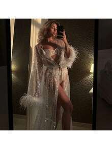 Women Feather Sequin Sheer Nightgown Long Sleeve Plush Cuff See Through Night Robe Nightdress Faux Feather Bridal Robe For Wedding Lingerie Robe With Faux Fu - 銀色 - 查看 3