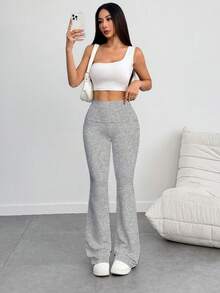Women's 3-Piece Casual Solid Color Wide-Waist Flare Pants, Leggings Fold-Over Waist High Waist Ruched Slim Fit,Outdoor Clothing Fall Outfits For Women - 淺色 - 查看 4