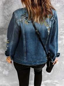 Floral Embroidery Button Down Denim Jacket For Women | Long Sleeve Casual Jean Coat Fall And Winter Denim Clothes For Women - 淺色水洗藍 - 查看 2