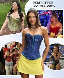 SZIVYSHI Corset Tops Women, Bustier Shapewear Lingerie, Lace Waist Push Up Bodysuit - 黑色和藍色 - 查看 8