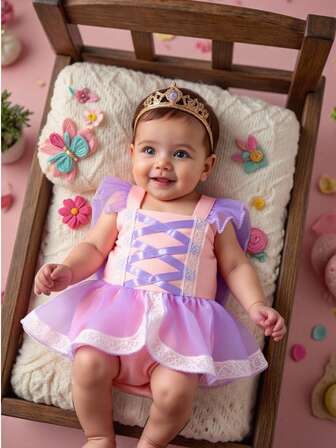 Baby Girls' Organza Lace Trim Princess Style Romper, Suitable For Role Play Party