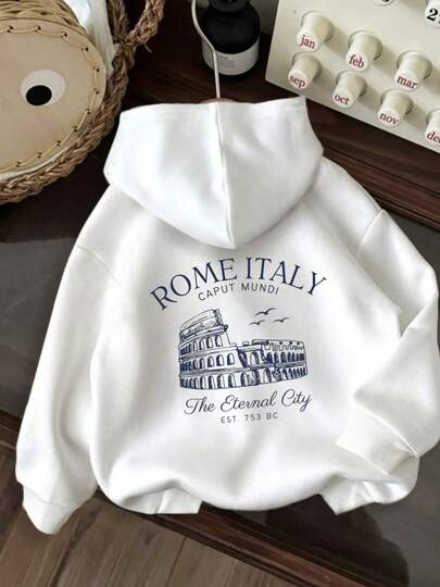 Winter And Autumn Women's Pattern Printed Hooded Sweatshirt With Drawstring, Casual Style