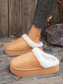 Botas cortas de mujer de unicolor con forro de peluche y falso pelo, botas de nieve para el hogar en invierno